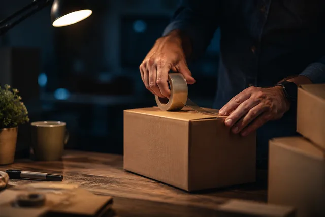 Hands taping the first order box at a desk at night